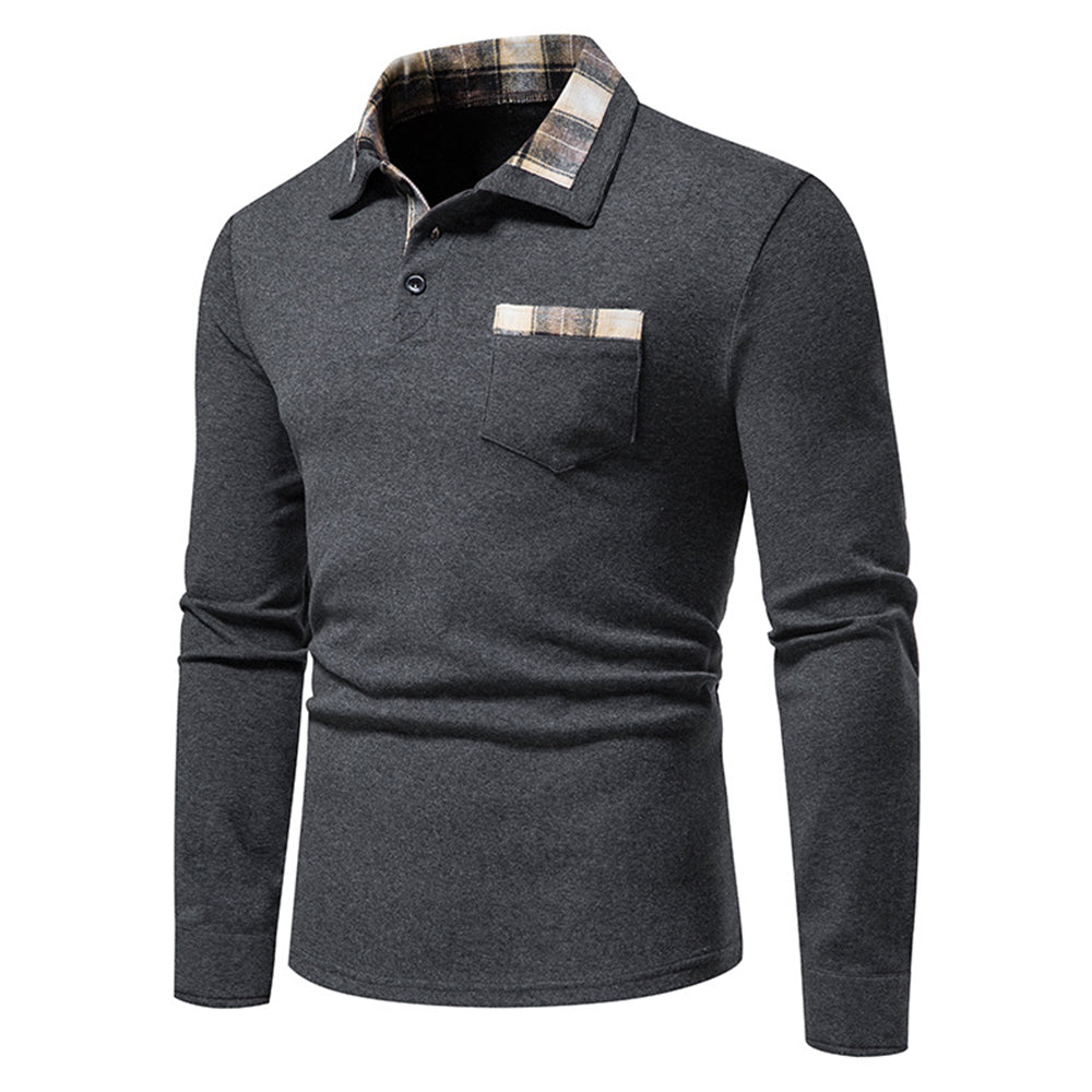 New Men's Plaid Long Sleeve Color Matching Polo Shirt