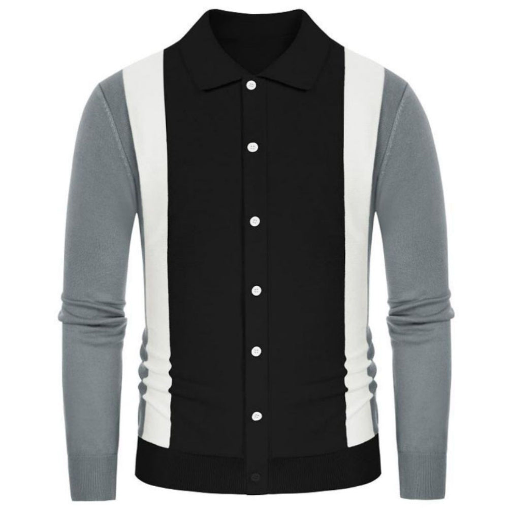 Knit long-sleeve cardigan with contrasting color buttons