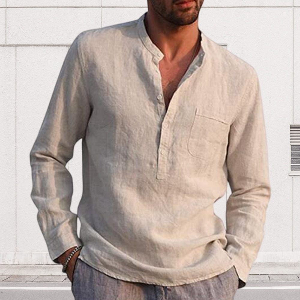 Men's Long Sleeve V Neck Casual Beach Linen Shirt