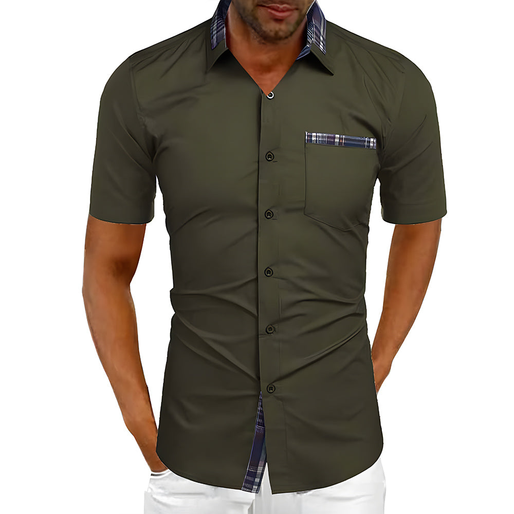 New summer men's solid color casual plaid shirt