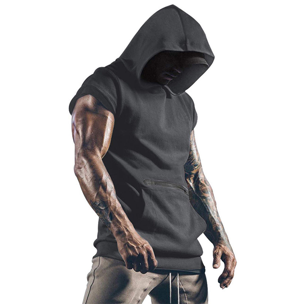 Men's Sleeveless Sports Vest Outdoor Fitness Solid Color Hoodie