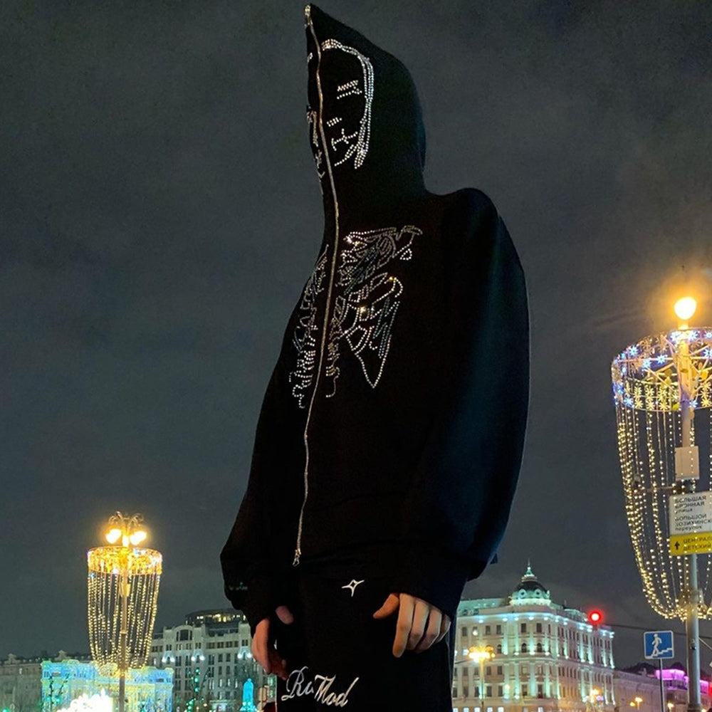 Rhinestone Skull Zip-Up Oversized Coat