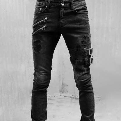 Men's Fashion Metal Buckle Personalized Skinny Denim Trousers