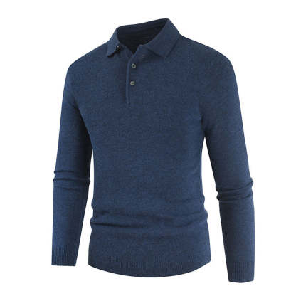 Men's Button Lapel Solid Color Slim Knitted Base Layer Shirt