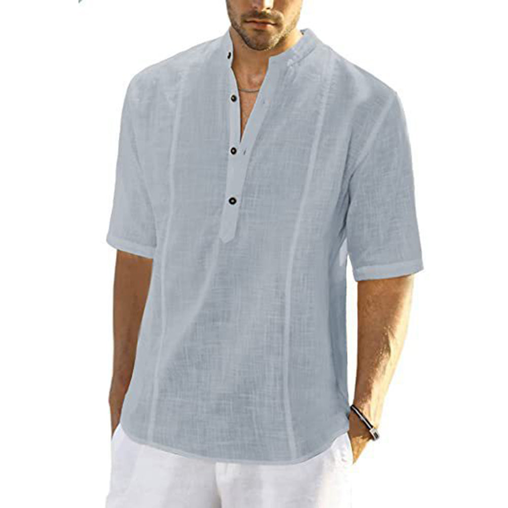 Cotton Linen Stand Collar Button Short Sleeve Shirt