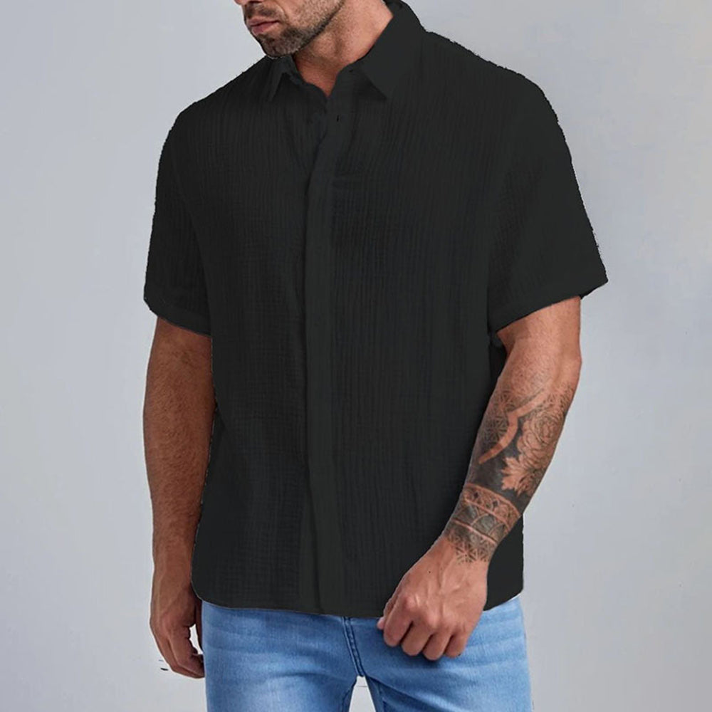 New Men's Slim Lapel Collar Pleated Short Sleeve Shirt