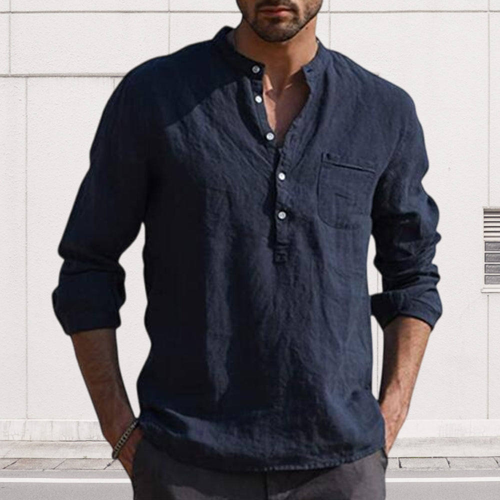 Men's Long Sleeve V Neck Casual Beach Linen Shirt