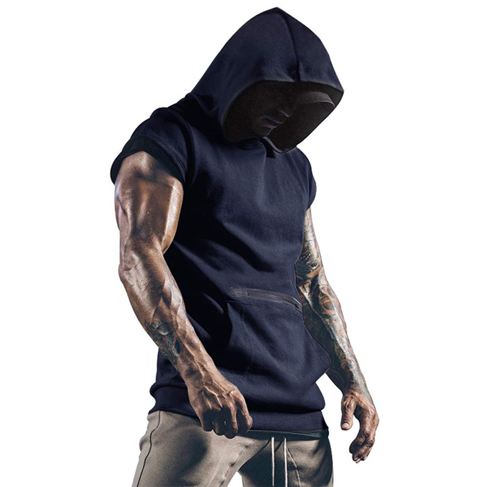 Men's Sleeveless Sports Vest Outdoor Fitness Solid Color Hoodie