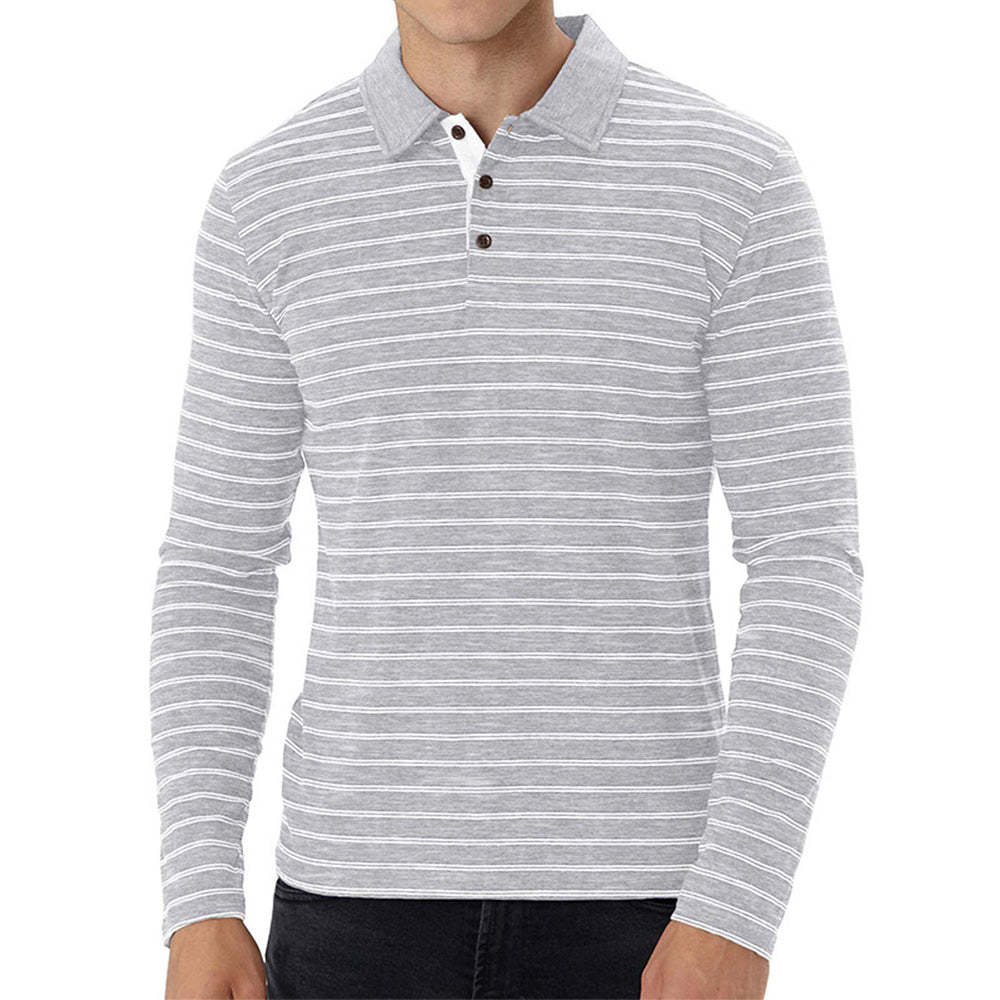 New Men Striped Casual Breathable Long Sleeve Polo Shirt