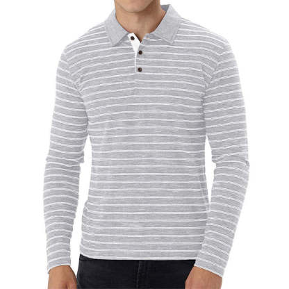 New Men Striped Casual Breathable Long Sleeve Polo Shirt