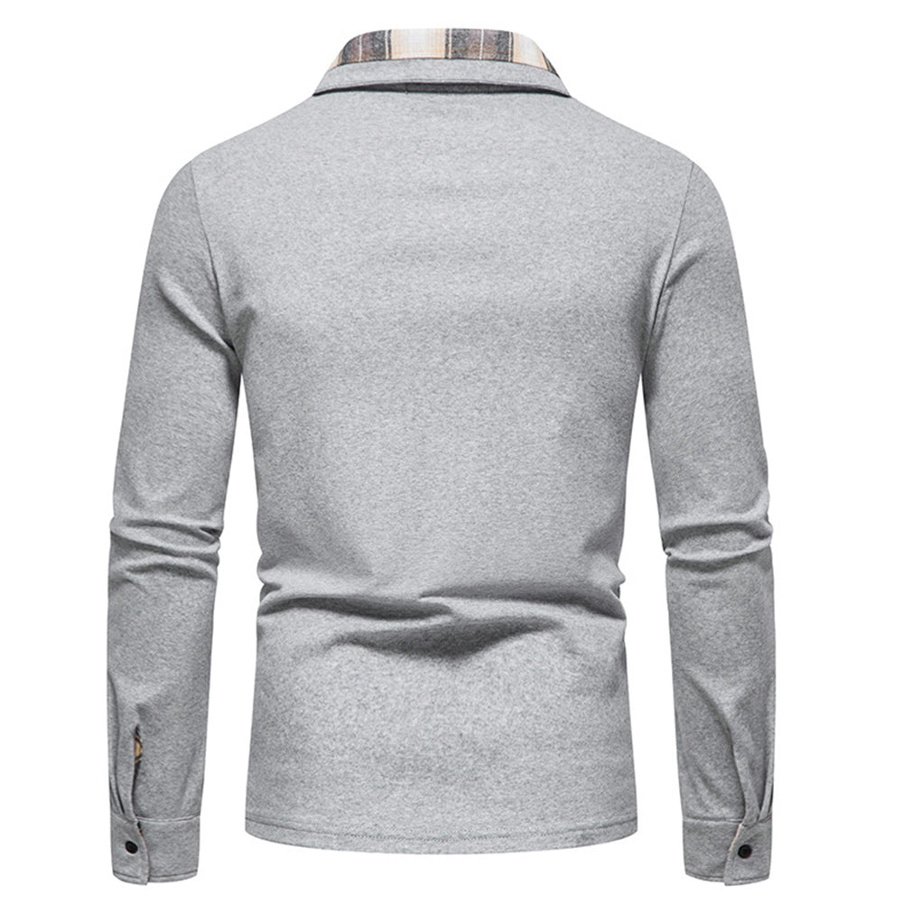 Diggetty New Men's Plaid Long Sleeve Color Matching Polo Shirt