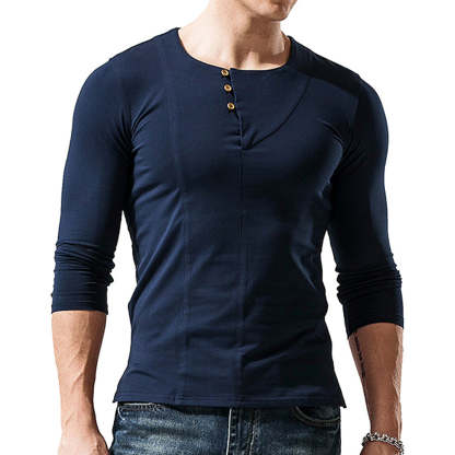 Men's Round Neck Button Long Sleeve T-Shirt