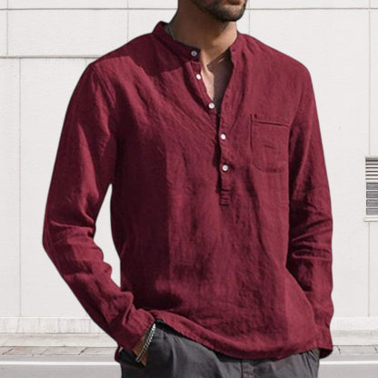 Diggetty Men's Long Sleeve V Neck Casual Beach Linen Shirt