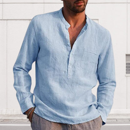 Diggetty Men's Long Sleeve V Neck Casual Beach Linen Shirt