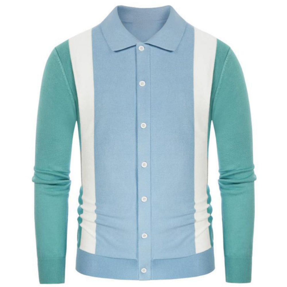 Knit long-sleeve cardigan with contrasting color buttons