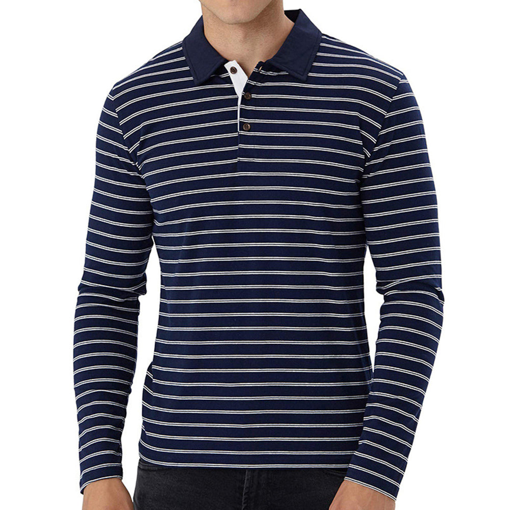 New Men Striped Casual Breathable Long Sleeve Polo Shirt