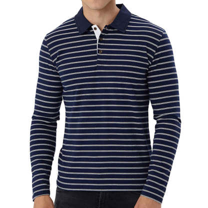New Men Striped Casual Breathable Long Sleeve Polo Shirt