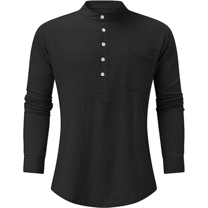 Diggetty Men's Long Sleeve V Neck Casual Beach Linen Shirt