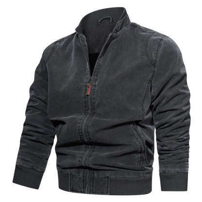 Men's Stand Collar Cotton Solid Color Zip Casual Jacket
