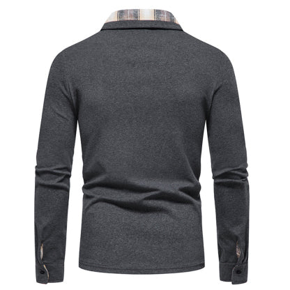 Diggetty New Men's Plaid Long Sleeve Color Matching Polo Shirt