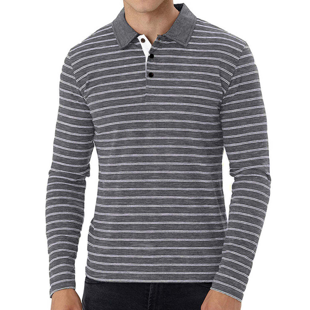 New Men Striped Casual Breathable Long Sleeve Polo Shirt