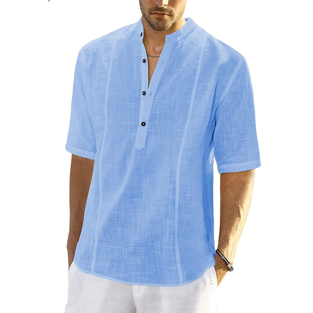 Cotton Linen Stand Collar Button Short Sleeve Shirt