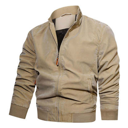Men's Stand Collar Cotton Solid Color Zip Casual Jacket