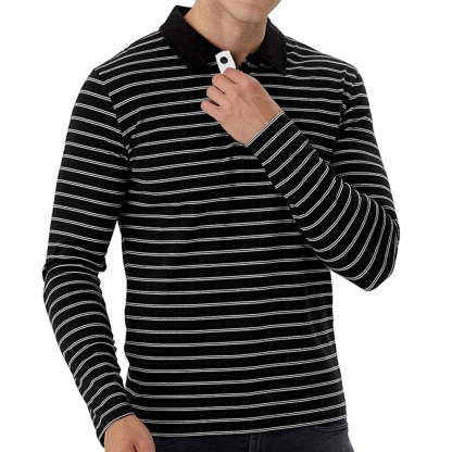 New Men Striped Casual Breathable Long Sleeve Polo Shirt