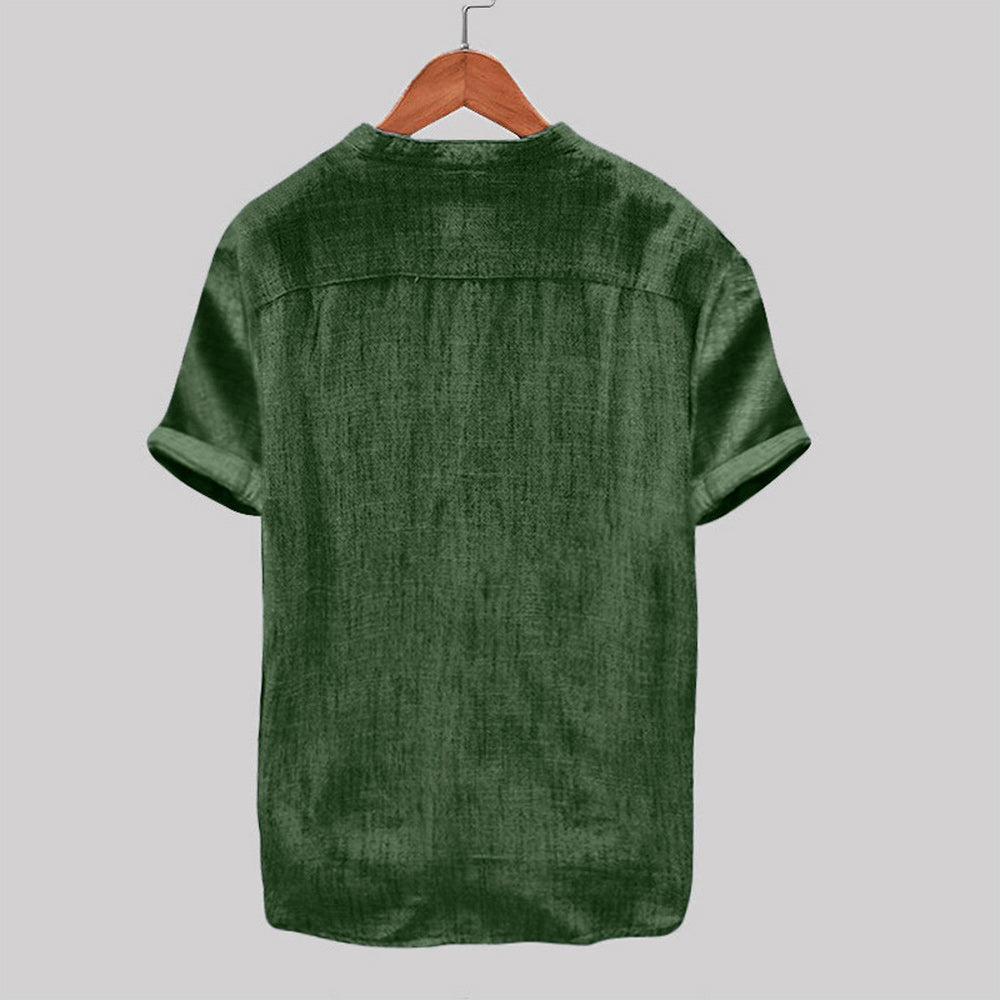 Men's stand collar short sleeve cotton linen shirt