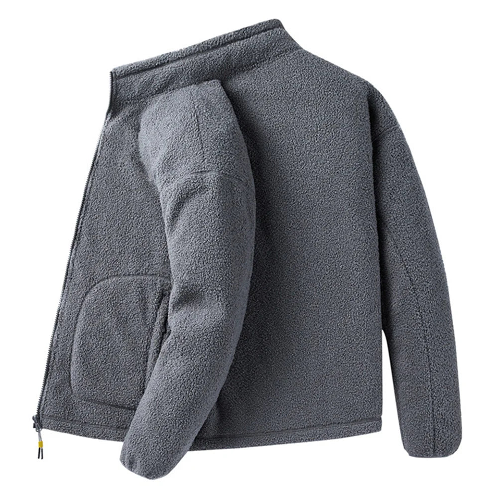 Men's versatile stand collar plush solid color coat
