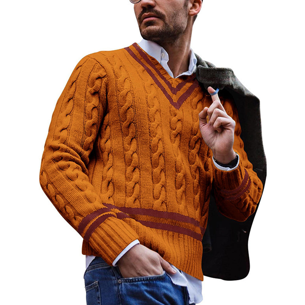 Autumn/Winter Men's V-Neck Striped Colorblock Sweater