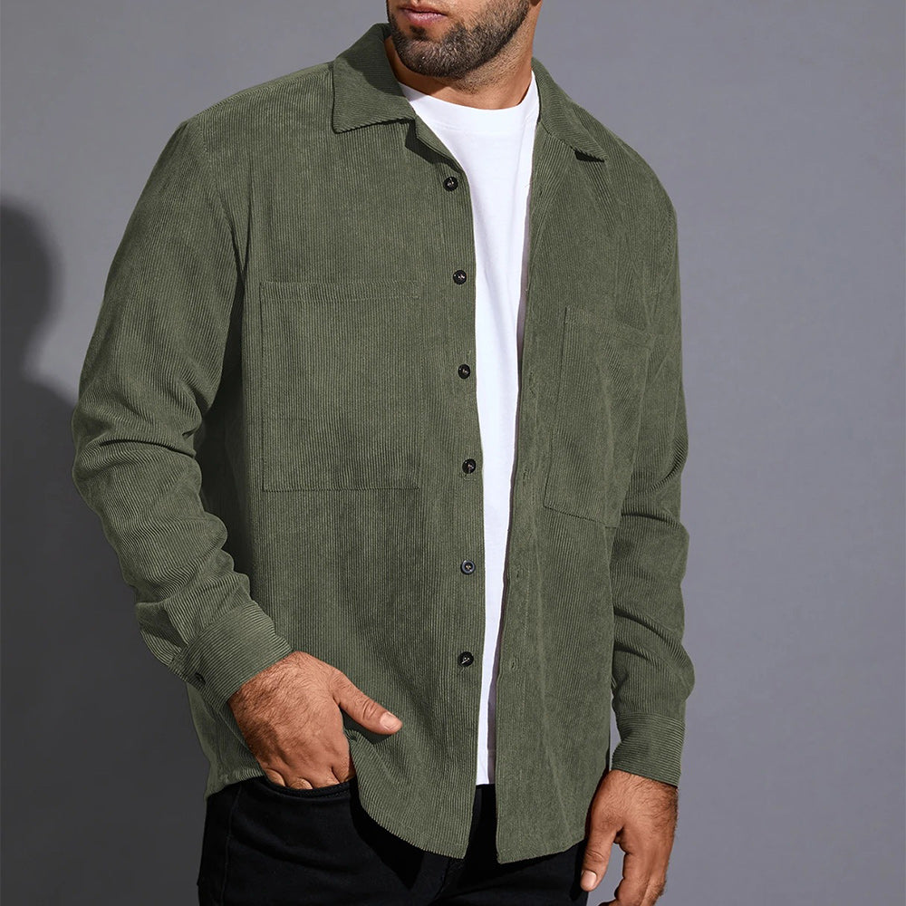 Men's Corduroy Pocket Solid Color Long Sleeve Shirt