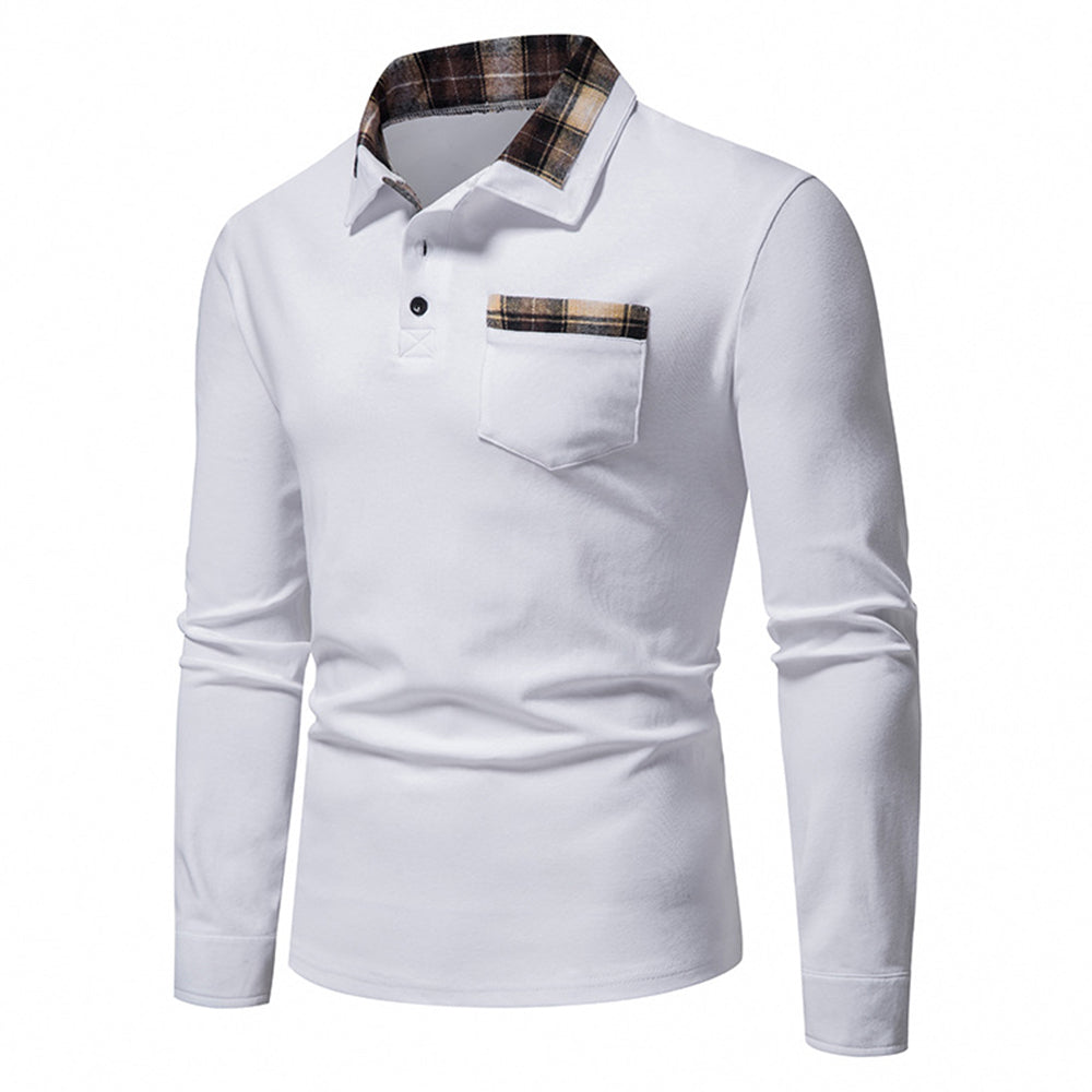 New Men's Plaid Long Sleeve Color Matching Polo Shirt