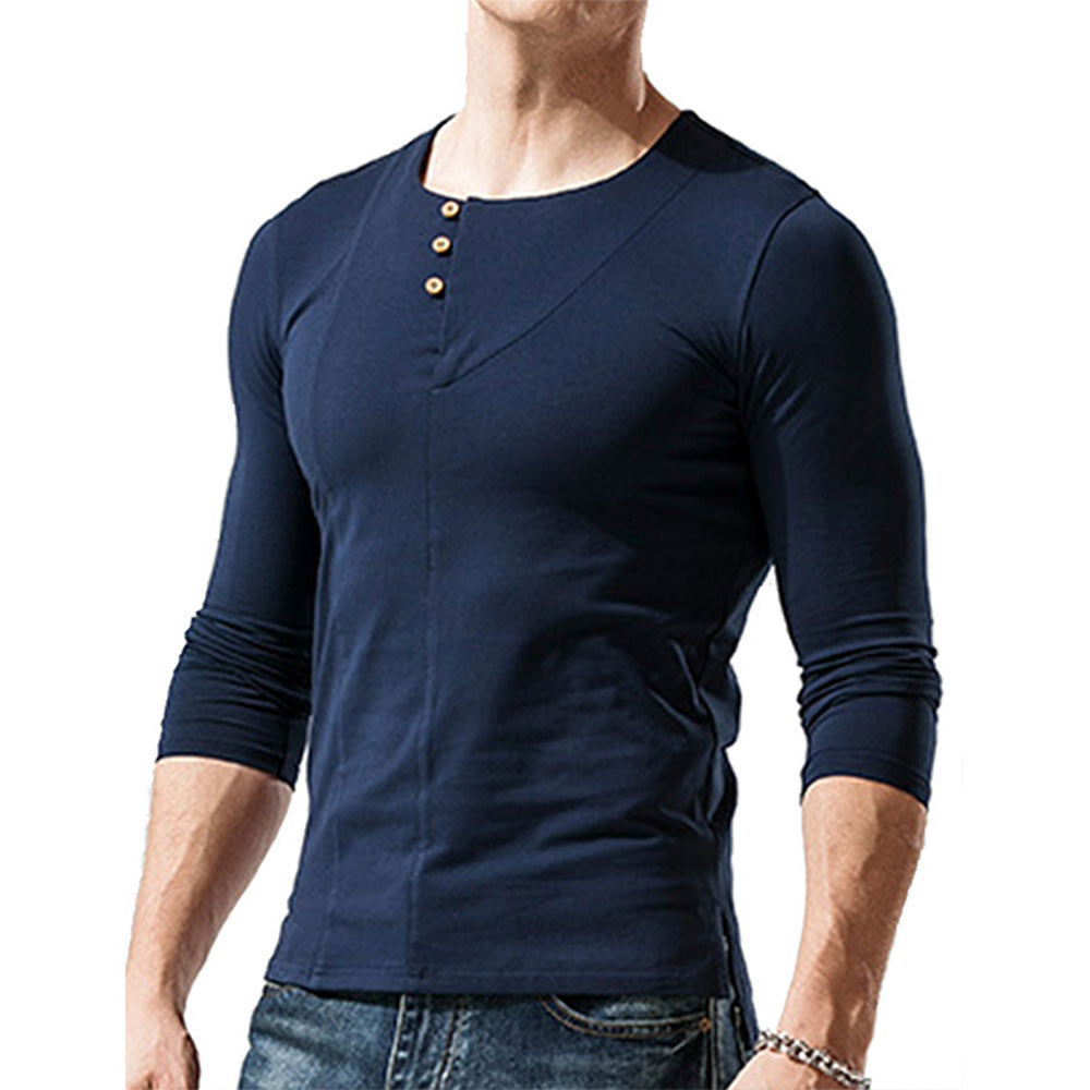 Men's Round Neck Button Long Sleeve T-Shirt