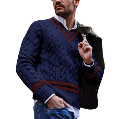 Autumn/Winter Men's V-Neck Striped Colorblock Sweater