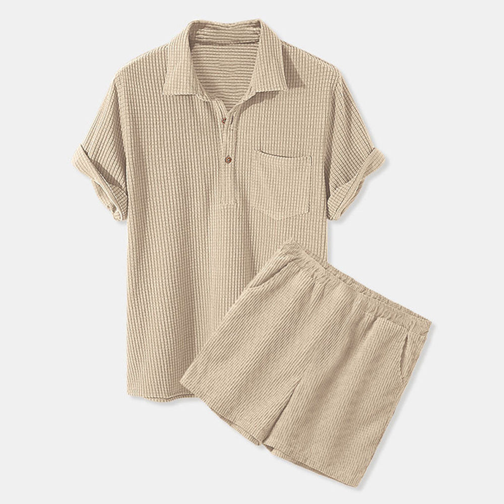 Men's Casual Loose Waffle Short Sleeve Shorts Two-Piece Set