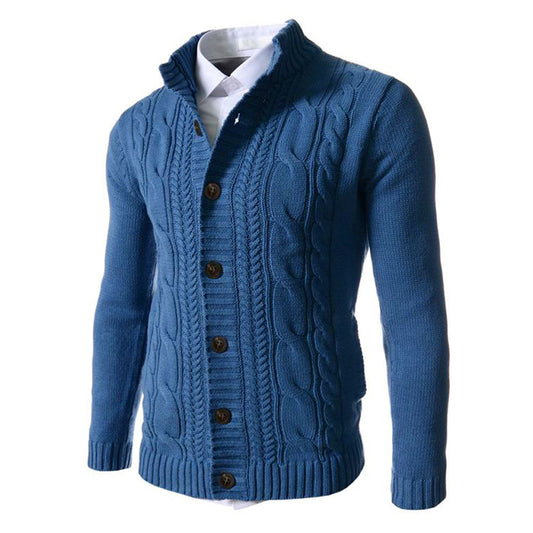 Men's Standing Collar Twisted Button Sweater Cardigan