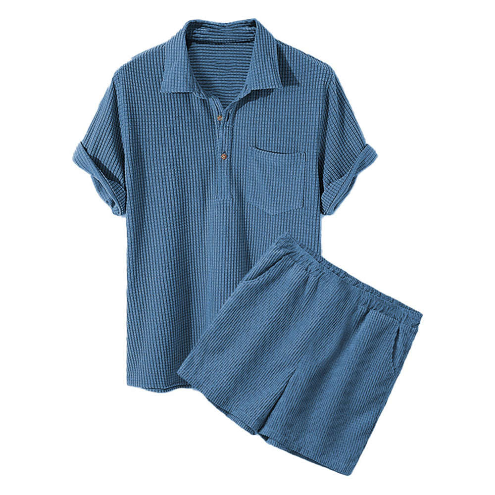 Men's Casual Loose Waffle Short Sleeve Shorts Two-Piece Set