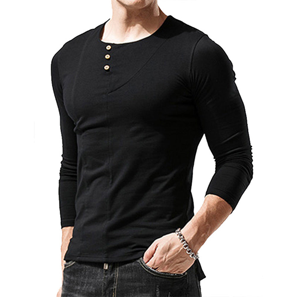 Men's Round Neck Button Long Sleeve T-Shirt