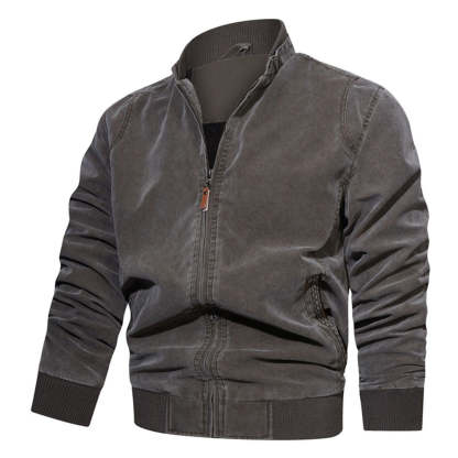 Men's Stand Collar Cotton Solid Color Zip Casual Jacket