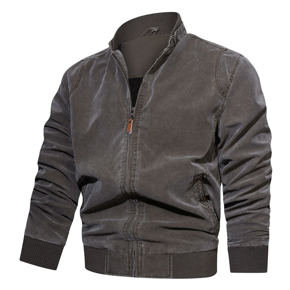Men's Stand Collar Cotton Solid Color Zip Casual Jacket